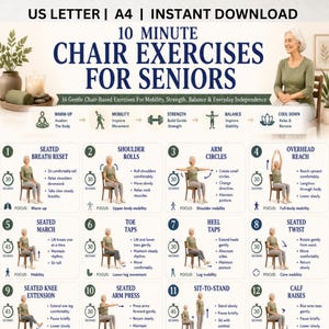 Può includere: Un poster digitale intitolato 10 Minute Chair Exercises for Seniors, con 12 illustrazioni numerate di una persona che esegue movimenti da seduta. Il testo include istruzioni per riscaldamento, mobilità, forza ed equilibrio.