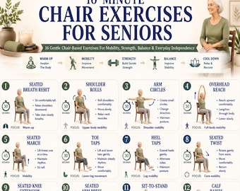 10-Minuten-Stuhlübungen für Senioren zum Ausdrucken, Stuhlworkout PDF, Senior-Mobilitäts-Stärke- und Balance-Routine