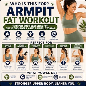 Op de afbeelding: Een infographic getiteld Armpit Fat Workout met 16 bovenlichaamsoefeningen voor borst, schouders en armen. Het bevat iconen voor versteviging, houding en zelfvertrouwen, samen met foto's van trainende personen en een lijst met voordelen.