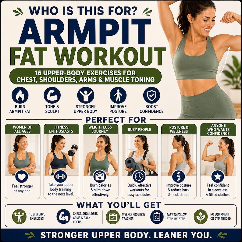 Op de afbeelding: Een infographic getiteld Armpit Fat Workout met 16 bovenlichaamsoefeningen voor borst, schouders en armen. Het bevat iconen voor versteviging, houding en zelfvertrouwen, samen met foto's van trainende personen en een lijst met voordelen.
