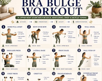 Op de afbeelding: Een digitale trainingsgids getiteld BRA BULGE WORKOUT met de ondertitel 16 UPPER-BODY EXERCISES FOR BACK, SHOULDERS, CHEST & MUSCLE TONING. Het bevat twaalf genummerde oefenillustraties met instructies voor US LETTER en A4-formaten.