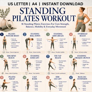 Può includere: Un poster digitale intitolato Standing Pilates Workout che presenta 16 istruzioni per esercizi. Il layout include passaggi numerati con illustrazioni di una persona che esegue movimenti come roll-down, circonduzioni delle braccia e squat.