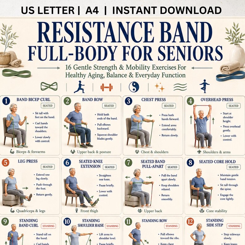 Healthy Aging Strength Printable Bundle, Senior Fitness PDF, Resistance Band Workout Guide image 11