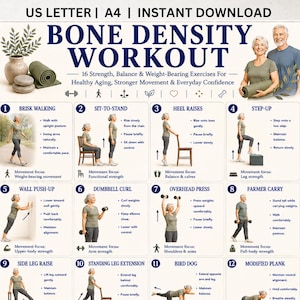 May include: A digital workout chart titled BONE DENSITY WORKOUT with the text US LETTER | A4 | INSTANT DOWNLOAD. It features 12 numbered exercise illustrations including brisk walking, sit-to-stand, and dumbbell curls with instructional text.