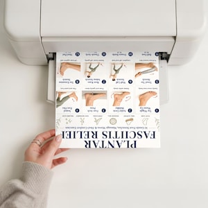 May include: A white paper sheet printed with a Plantar Fasciitis Relief guide featuring 12 numbered instructional diagrams of foot and leg stretches, exercises, and massage techniques, with dark blue text and line art icons.