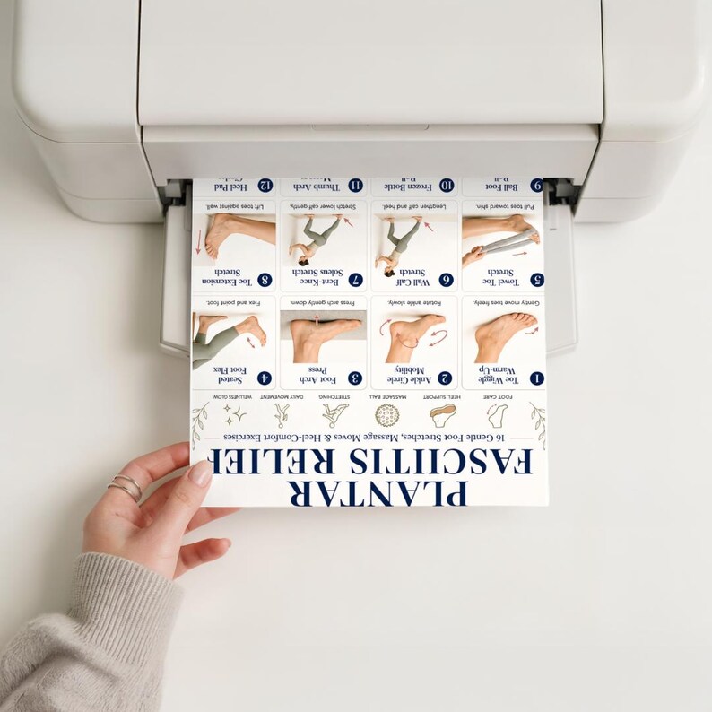 May include: A white paper sheet printed with a Plantar Fasciitis Relief guide featuring 12 numbered instructional diagrams of foot and leg stretches, exercises, and massage techniques, with dark blue text and line art icons.