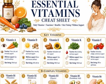 Essentielle Vitamine Spickzettel zum Ausdrucken, Vitamin-Leitfaden PDF, Vitamine A B C D E K Referenztabelle für Wohlbefinden und Ernährung