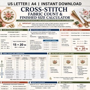 Peut inclure: Un guide de référence numérique intitulé Cross-Stitch Fabric Count & Finished Size Calculator. Il présente des formules, un tableau de comparaison de la taille du tissu et des schémas de marges pour calculer les dimensions en cm pour la broderie.