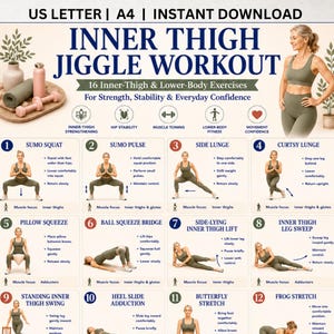 Può includere: Una guida all'allenamento digitale intitolata Inner Thigh Jiggle Workout, che presenta 16 esercizi per forza e stabilità. Il poster include istruzioni numerate, illustrazioni di una persona in abbigliamento sportivo oliva e icone per obiettivi fitness.