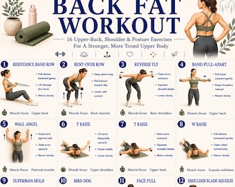 Back Fat Workout zum Ausdrucken, Oberer Rücken Übungen PDF, BH-Ausbuchtung Workout-Anleitung, Haltungs- und Rückentrainingsplan