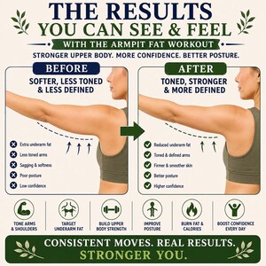 Op de afbeelding: Een informatieve afbeelding met de titel THE RESULTS YOU CAN SEE & FEEL WITH THE ARMPIT FAT WORKOUT. Het toont een voor-en-na vergelijking van een arm, met iconen en lijsten van voordelen zoals strakkere armen, minder vet onder de oksels en een betere houding.