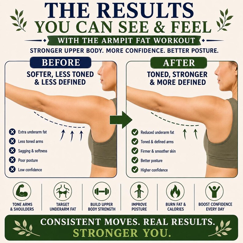 Op de afbeelding: Een informatieve afbeelding met de titel THE RESULTS YOU CAN SEE & FEEL WITH THE ARMPIT FAT WORKOUT. Het toont een voor-en-na vergelijking van een arm, met iconen en lijsten van voordelen zoals strakkere armen, minder vet onder de oksels en een betere houding.