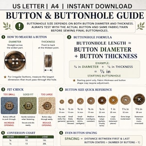 May include: A Button & Buttonhole Guide infographic featuring instructions on measuring buttons, a buttonhole formula, fit check examples, a button size quick reference chart with metric and imperial units, and a button spacing conversion chart.