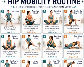 Hüftbeweglichkeits-Routine zum Ausdrucken, Hüftbeweglichkeits-Übungen PDF, Beweglichkeits-Stretching-Trainingsleitfaden, Unterkörper-Stretchungsposter