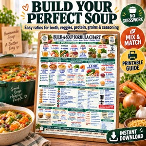 May include: A clipboard displaying a Build-A-Soup Formula Chart with columns for broth, aromatics, vegetables, protein, and grains. The chart includes text, icons, and cooking ratios for soup preparation, presented on a wooden clipboard.