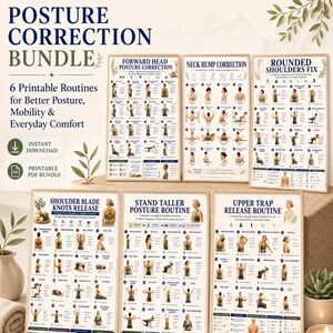 Könnte beinhalten: Ein Haltungskorrektur-Paket mit sechs druckbaren PDF-Routinen für Mobilität und Komfort. Die Plakate enthalten Übungen für Kopf, Nacken, Schultern, Schulterblätter und Trapezmuskeln, dargestellt durch detaillierte Illustrationen und Anleitungen.
