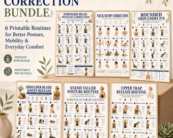 Posture & BackReset druckbares Bundle, Hals-Schulter-Dehnungs-Routine, obere Rückenmobilität, PDF