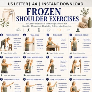 K&ouml;nnte beinhalten: Ein digitales Poster mit dem Titel FROZEN SHOULDER EXERCISES mit 12 nummerierten Illustrationen, die Mobilit&auml;ts- und Dehn&uuml;bungen zeigen. Die Tabelle enth&auml;lt schriftliche Anleitungen f&uuml;r jede &Uuml;bung, wie Pendulum Swing und Wall Walk.
