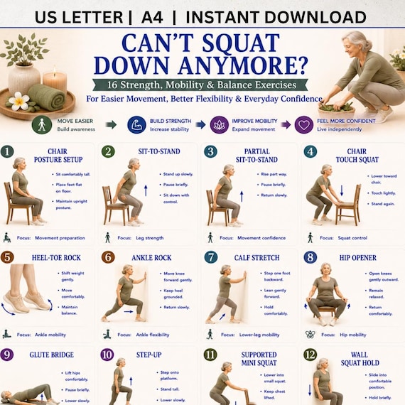 Can't Squat Down Anymore Printable, Senior Mobility Exercises PDF, Lower Body Strength & Balance Workout Guide