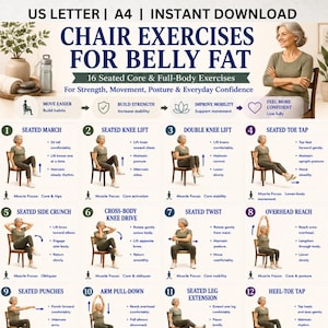 Puede incluir: Un cartel instructivo digital titulado CHAIR EXERCISES FOR BELLY FAT que presenta 16 ejercicios sentados para el núcleo y el cuerpo. El diseño incluye pasos numerados con ilustraciones de una persona realizando movimientos como marchas sentadas.