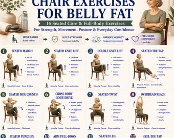 Stuhlübungen für Bauchfett zum ausdrucken, sitzendes Core Workout PDF, Stuhl Fitness & Stärke Übungsanleitung