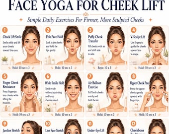 Gesichts-Yoga für Wangenheben zum Ausdrucken, Wangenknochenübungen als PDF, Gesichts-Toning & Gesichtsformung, Beauty-Routine Poster