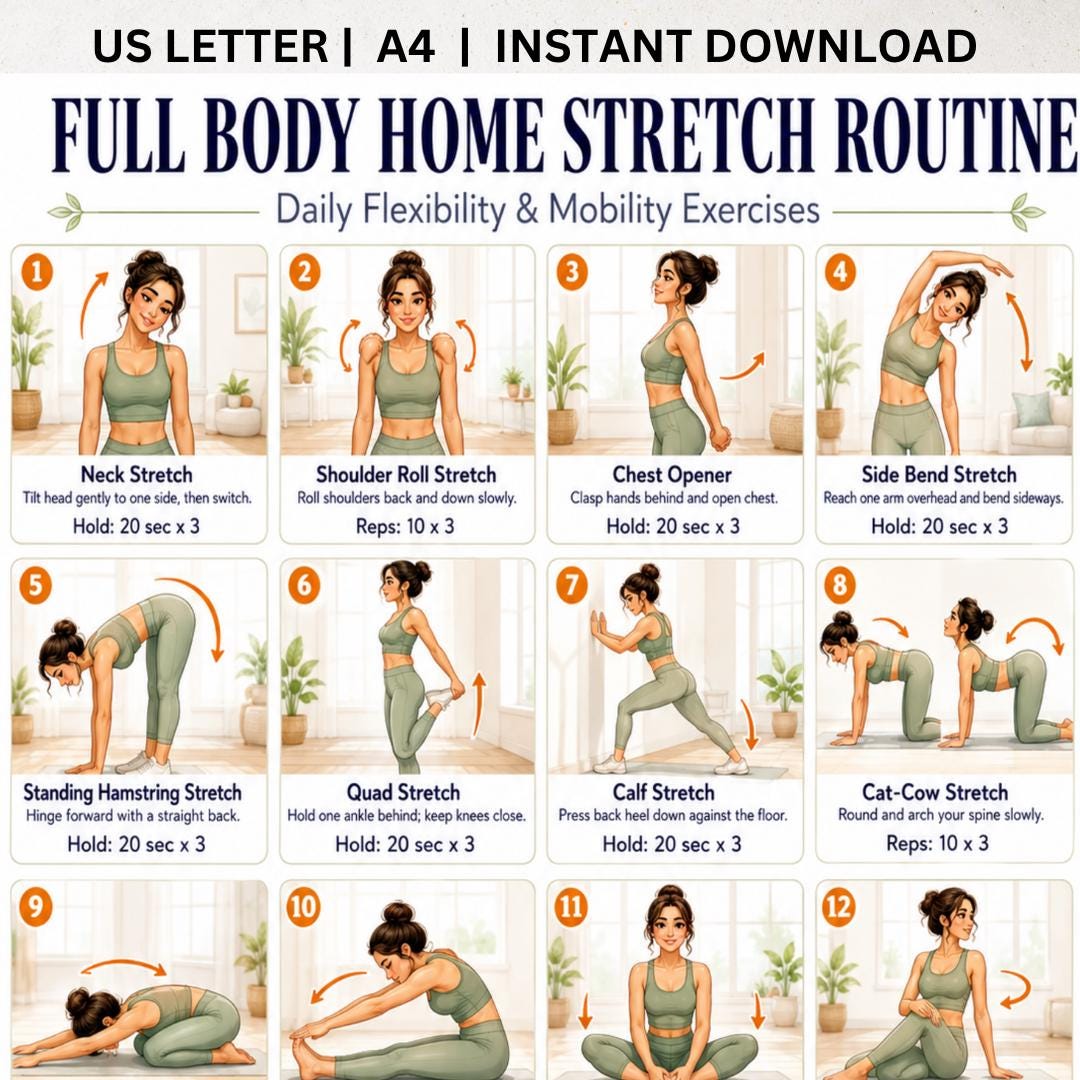 Full Body Stretch Routine Printable, Daily Flexibility Exercises PDF