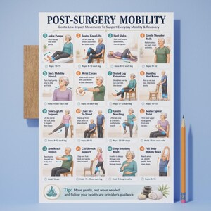 May include: A poster titled "Post-Surgery Mobility" with illustrations of gentle exercises. The exercises include ankle pumps, seated knee lifts, heel slides, and shoulder rolls. The poster is designed to support everyday mobility and recovery.