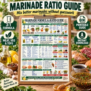 May include: A Marinade Formula & Ratio Guide printed on a sheet held by a clipboard. The guide features twelve sections with text and icons detailing marinade ratios, marinating times, food pairings, and safety tips for meat, tofu, and vegetables.
