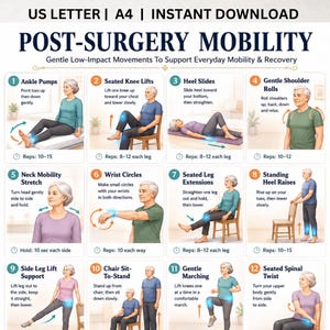 May include: A guide to post-surgery mobility exercises. The image shows 12 exercises with illustrations of people performing them. The exercises include ankle pumps, knee lifts, heel slides, shoulder rolls, neck stretches, wrist circles, leg extensions, heel raises, side leg lifts, chair stands, marching, and spinal twists.