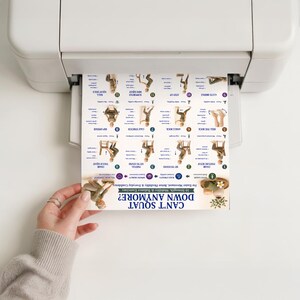 May include: A white printer outputting a paper sheet titled CAN'T SQUAT DOWN ANYMORE? featuring 16 strength, mobility, and balance exercises with numbered illustrations, text instructions, and icons for movement, strength, and mobility.