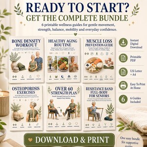 May include: A digital bundle of six printable wellness guides titled Bone Density Workout, Healthy Aging Routine, Muscle Loss Prevention Guide, Osteoporosis Exercises, Over 60 Strength Plan, and Resistance Band Full-Body for Seniors with icons.