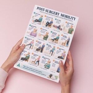 May include: A white poster titled "POST-SURGERY MOBILITY" with illustrations of gentle exercises. The poster includes instructions for ankle pumps, seated knee lifts, heel slides, and other movements. The poster is held against a pink background.