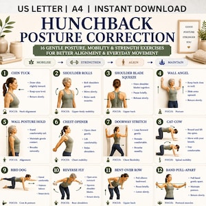 Può includere: Un poster digitale intitolato HUNCHBACK POSTURE CORRECTION che presenta 12 illustrazioni di esercizi numerati con istruzioni testuali per la mobilità e la forza. Il layout include sezioni per i formati US LETTER e A4, oltre a un'etichetta di download.