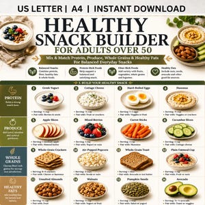 May include: A digital chart titled Healthy Snack Builder for Adults Over 50, featuring 16 numbered food categories including Greek yogurt, cottage cheese, eggs, hummus, fruits, vegetables, grains, nuts, and seeds with serving and pairing suggestions.