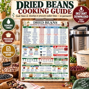 以下が含まれることがあります： 「Dried Beans Cooking Guide」と題された長方形のチャート。様々な豆の浸水時間と調理時間が記載された詳細な表で、コンロや圧力鍋での調理手順、浸水方法、レッドキドニービーンズの安全な調理に関するヒントが含まれています。