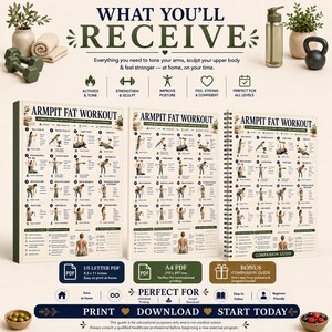 Op de afbeelding: Een digitale trainingsgids getiteld Armpit Fat Workout met 16 oefeningen voor het bovenlichaam, borst, schouders, armen en spierversteviging. Inclusief US Letter PDF, A4 PDF 210 x 297 mm en een bonusgids voor het bijhouden van de voortgang.