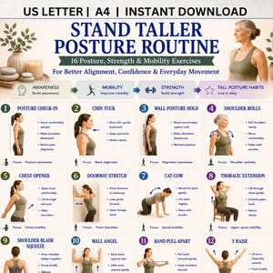 May include: A digital poster titled STAND TALLER POSTURE ROUTINE featuring 16 numbered exercise instructions with illustrations. The layout includes sections for awareness, mobility, strength, and habits, formatted for US Letter and A4 paper sizes.