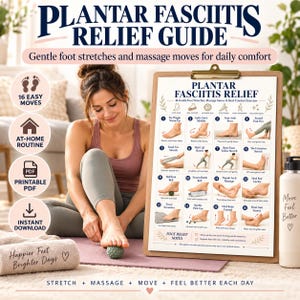 May include: A Plantar Fasciitis Relief Guide on a clipboard featuring 16 illustrated foot stretches and massage exercises. The guide includes text headers, numbered steps, and diagrams for daily comfort. A green massage ball is shown on a mat.