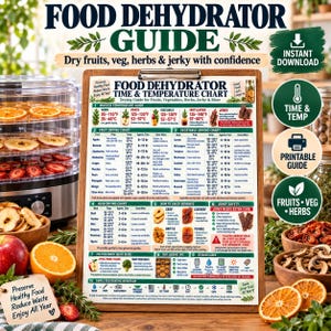 Puede incluir: Una tabla de tiempos y temperaturas para deshidratador de alimentos en un portapapeles, con guías de secado para frutas, verduras, hierbas y carne seca. La tabla incluye rangos de temperatura en Fahrenheit y Celsius e instrucciones.