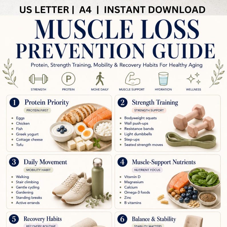 May include: A digital Muscle Loss Prevention Guide infographic featuring sections on protein, strength training, daily movement, and nutrients. It includes icons for strength, protein, movement, muscle support, hydration, and wellness with text.
