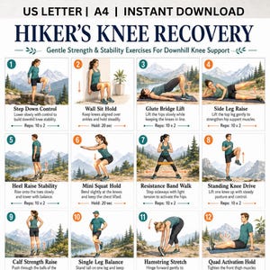 May include: A digital chart titled Hiker's Knee Recovery featuring twelve numbered illustrations of exercises for knee support. Each panel shows a person performing a specific movement with text instructions, rep counts, and a mountain landscape background.