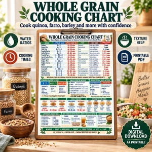 Könnte beinhalten: Ein Holz-Klemmbrett mit einer Kochtabelle für Vollkornprodukte, die Wasserverhältnisse, Kochzeiten und Zubereitungshinweise für Getreide wie Quinoa, Dinkel und Gerste in einem übersichtlichen Rasterformat darstellt.