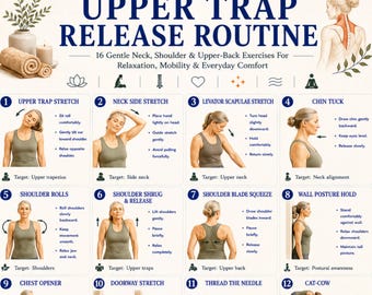 Upper Trap Release Routine Printable, Neck & Shoulder Stretching Exercises PDF, Upper Trapezius Mobility and Posture Guide