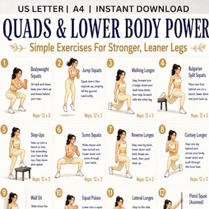 May include: A digital exercise chart titled Quads & Lower Body Power featuring twelve numbered illustrations of a person in beige athletic wear performing various leg exercises including squats, lunges, and step-ups with text instructions and rep counts.