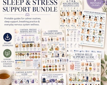 Calm Sleep & Stress Support Printable Bundle, Atemprogramm, sanftes Wellness PDF