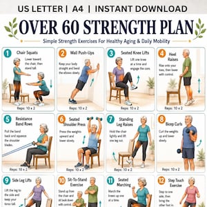 Può includere: Una guida digitale agli esercizi intitolata OVER 60 STRENGTH PLAN con dodici illustrazioni numerate di persone che eseguono esercizi di forza come squat su sedia, piegamenti al muro e bicipiti con istruzioni testuali per formati US Letter e A4.