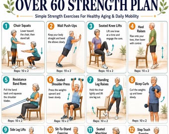 Over 60 Strength Plan Printable, Senior Strength Exercises PDF, Healthy Aging Workout Guide, Chair & Home Fitness Poster