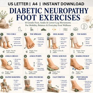 May include: A digital chart titled DIABETIC NEUROPATHY FOOT EXERCISES featuring 16 gentle foot, ankle, and lower-leg movements for mobility and balance. The document includes numbered instructions, illustrations of feet, and text for US Letter and A4 sizes.