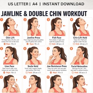 May include: A digital download titled "JAWLINE & DOUBLE CHIN WORKOUT" with 12 illustrated facial exercises. Each exercise is demonstrated with a woman, and includes instructions for reps and hold times. The top of the image reads "US LETTER | A4 | INSTANT DOWNLOAD."